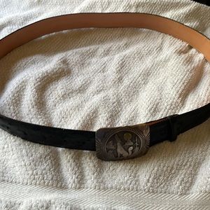 Ostrich leather belt with sterling silver belt buckle, size 44. Made in USA